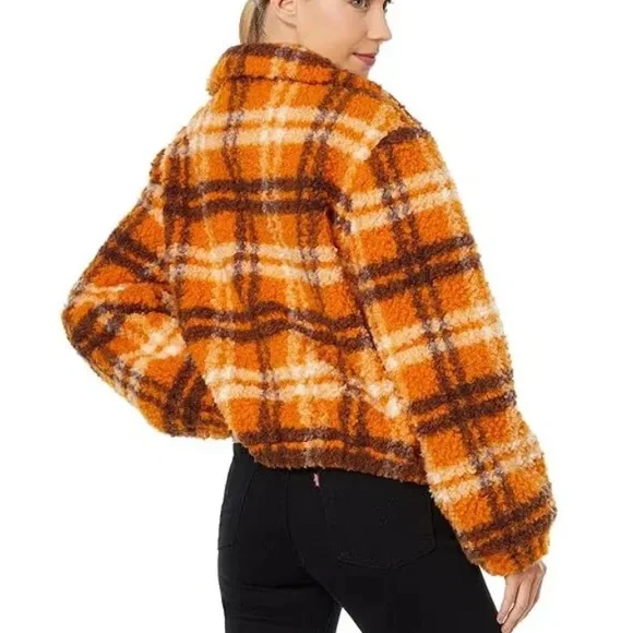 NWT apparis Francis Sherpa zip jacket plaid small orange‎ brown womens - Picture 2 of 13
